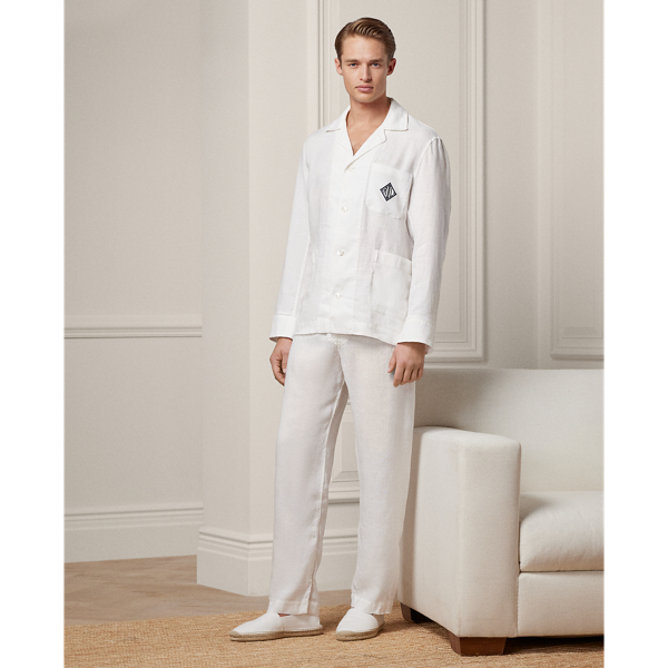 Ralph Lauren Purple Label Monogram Linen Pajama Set In White