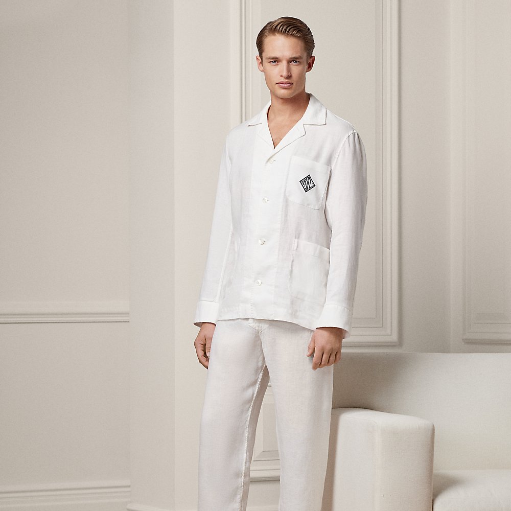 Ralph Lauren Purple Label Monogram Linen Pajama Set In White