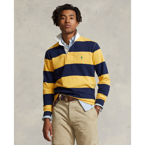 Ralph Lauren Classic Fit Striped Jersey Rugby Shirt In Gold Bugle/newport Navy