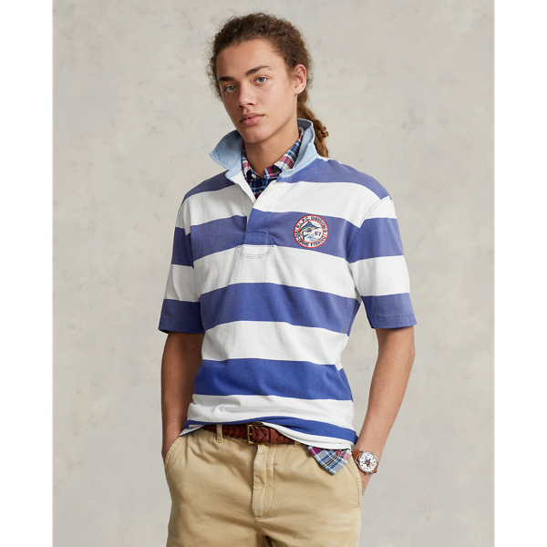 Ralph Lauren Classic Fit Striped Jersey Rugby Shirt In Royal Navy