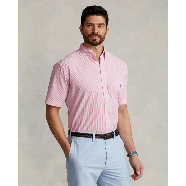 Polo Ralph Lauren Mens Pink Logo-embroidered Striped-seersucker Untucked-fit Cotton Shirt In Rose/white