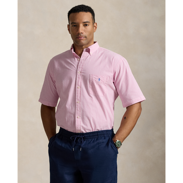 Polo Ralph Lauren Mens Pink Logo-embroidered Striped-seersucker Untucked-fit Cotton Shirt In Rose/white