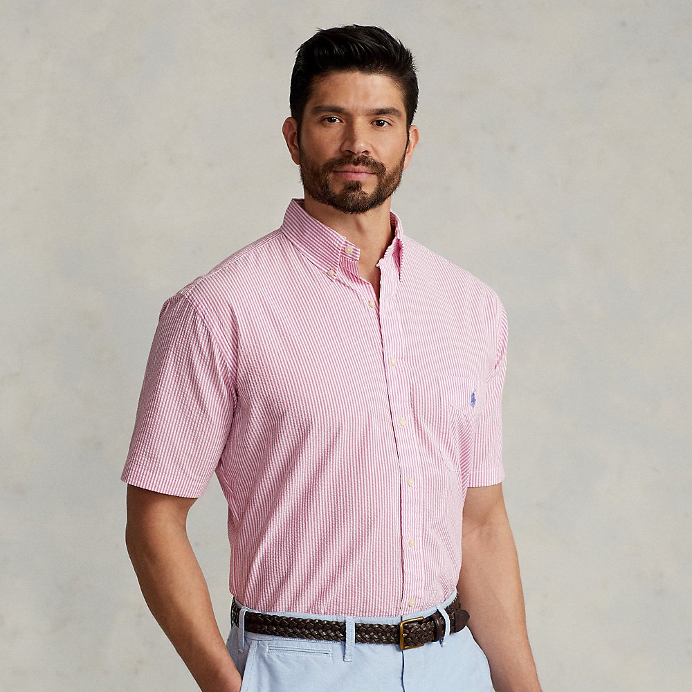 Polo Ralph Lauren Mens Pink Logo-embroidered Striped-seersucker Untucked-fit Cotton Shirt In Rose/white
