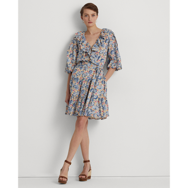 Lauren Ralph Lauren Floral Ruffle-trim Cotton Voile Dress In Blue/pink ...