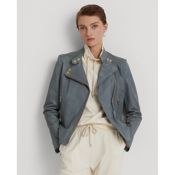 Lauren Petite Burnished Leather Moto Jacket In Chambray Blue