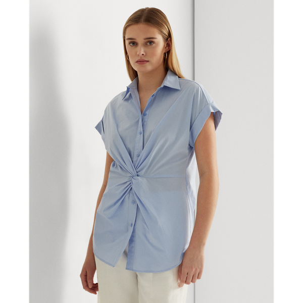 Lauren Ralph Lauren Twist-front Cotton Short-sleeve Shirt In Pebble Blue