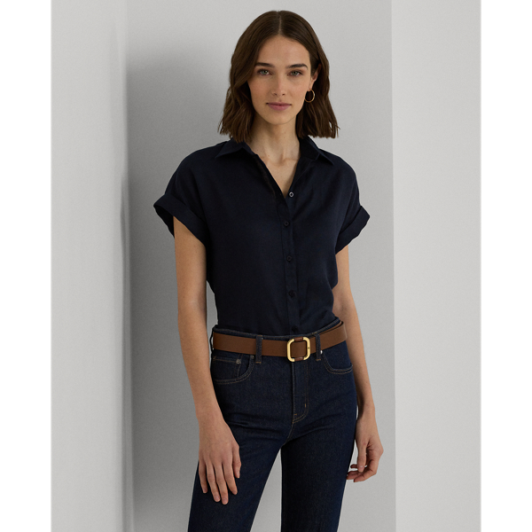 Lauren Petite Linen Short-sleeve Shirt In Lauren Navy
