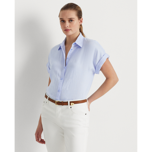 Lauren Petite Linen Short-sleeve Shirt In Pebble Blue