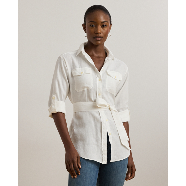 Lauren Petite Belted Linen Shirt In White