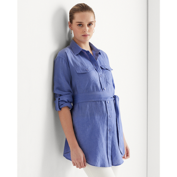 Lauren Petite Belted Linen Shirt In Blue Mist
