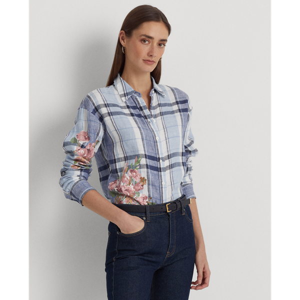 Floral & Plaid Linen Shirt In Blue/white