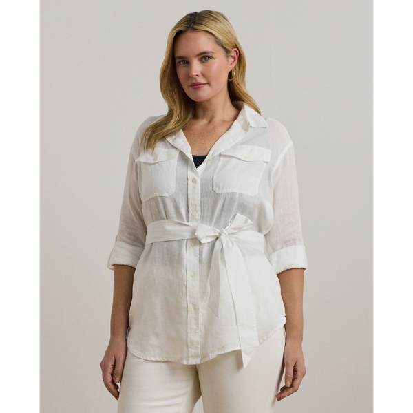 Lauren Woman Belted Linen Shirt In White