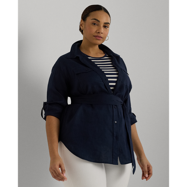 Lauren Woman Belted Linen Shirt In Lauren Navy