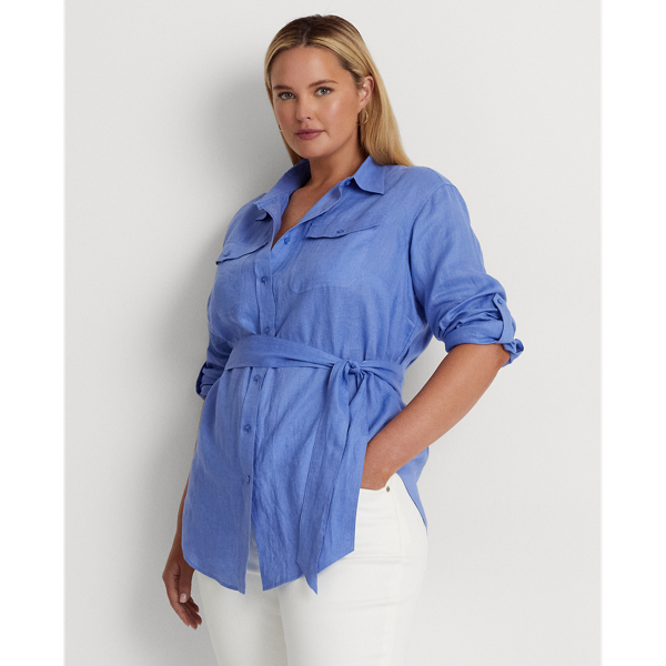 Lauren Woman Belted Linen Shirt In Blue Mist