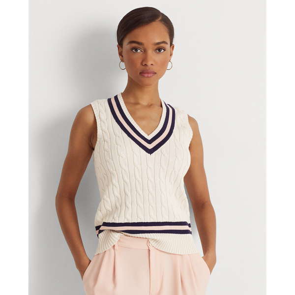 Lauren Ralph Lauren Cable-knit Cotton Cricket Sweater Vest In  Cream/navy/pink | ModeSens