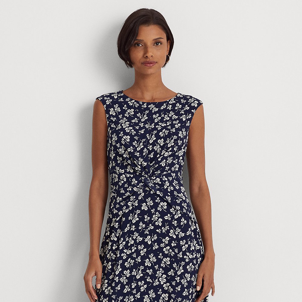 Lauren Ralph Lauren Leaf-print Twist-front Crepe Dress In Navy/cream |  ModeSens