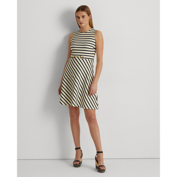 Ralph Lauren Striped Belted Ponte Dress In Cream/french Navy | ModeSens