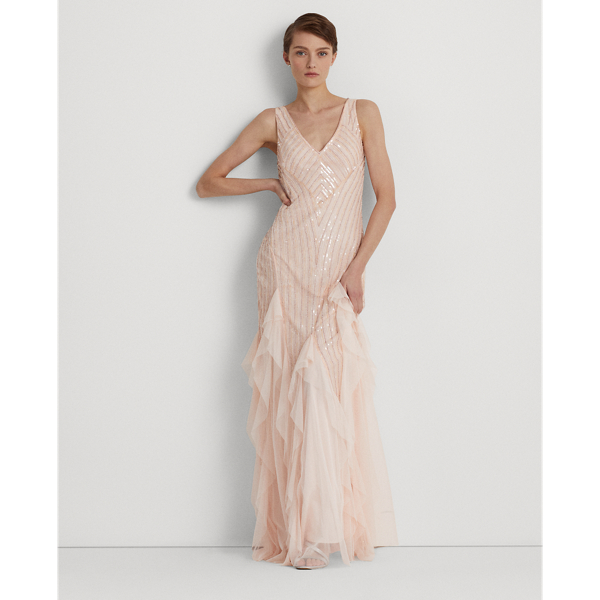 Lauren Ralph Lauren Beaded Tulle Gown In Cloud Pink | ModeSens