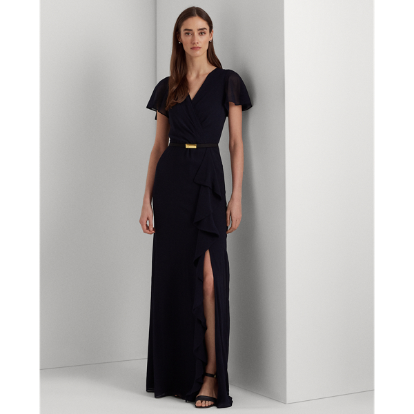 Lauren Petite Belted Georgette Flutter-sleeve Gown In Lighthouse Navy ...