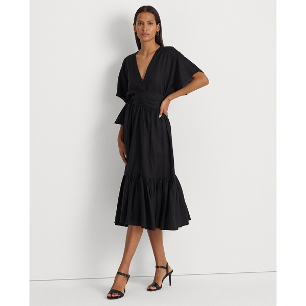 Ralph Lauren Belted Linen Wrap-style Dress In Black | ModeSens