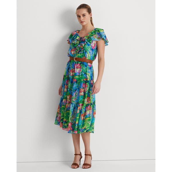 Lauren Petite Floral Crinkle Georgette Tiered Dress In Green/blue Multi |  ModeSens