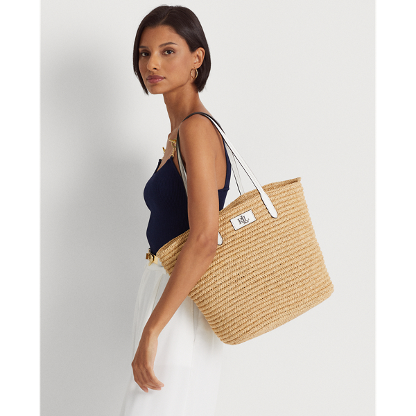 Ralph Lauren Leather-trim Straw Large Brie Tote Bag In Natural/white