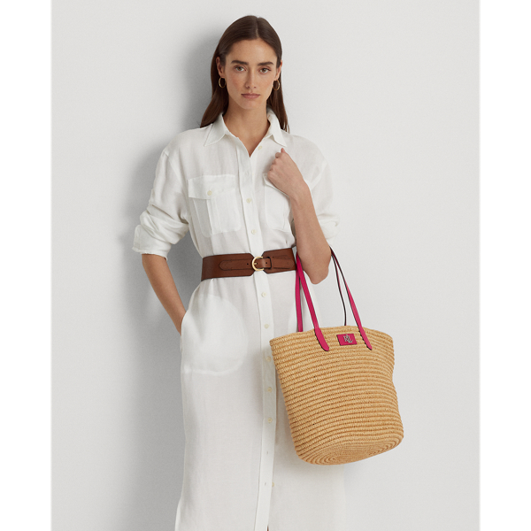 Lauren Ralph Lauren Leather-trim Straw Large Brie Tote Bag In Natural/sport Pink