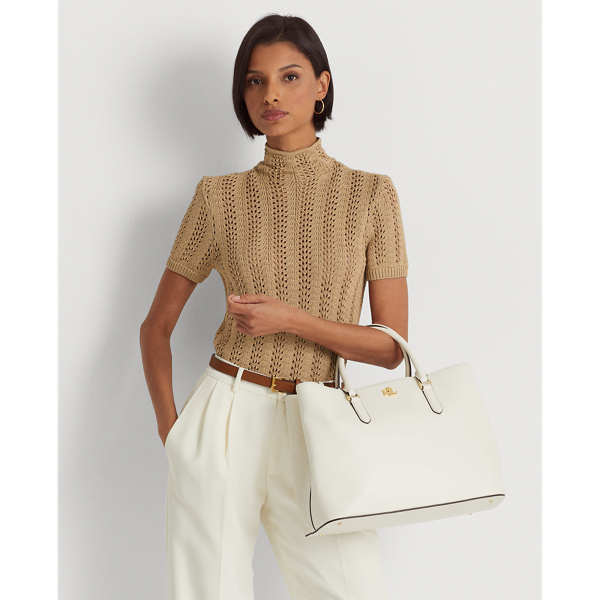 Ralph Lauren Leather Large Marcy Satchel In Vanilla