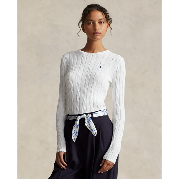 Shop Ralph Lauren Cable-knit Cotton Crewneck Jumper In White