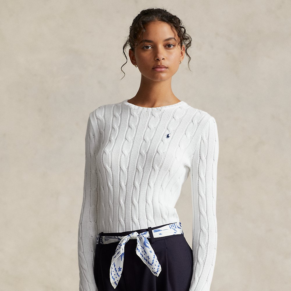 Shop Ralph Lauren Cable-knit Cotton Crewneck Sweater In White
