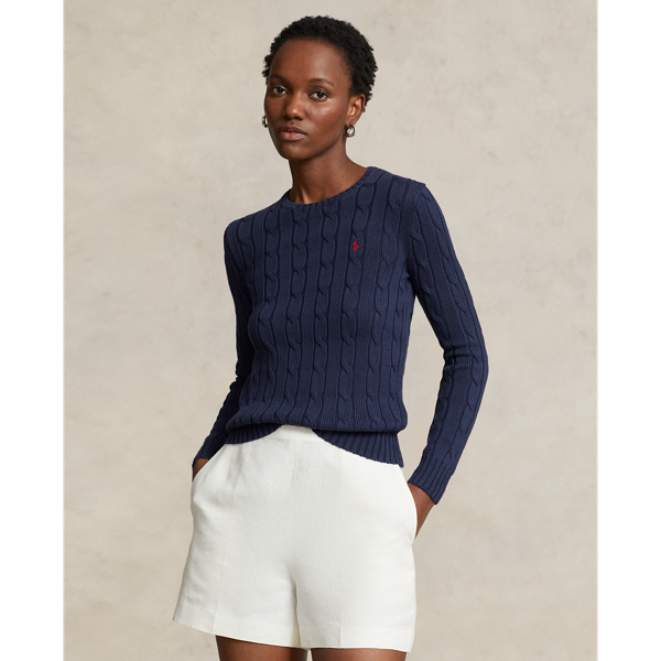 Shop Ralph Lauren Cable-knit Cotton Crewneck Sweater In Hunter Navy