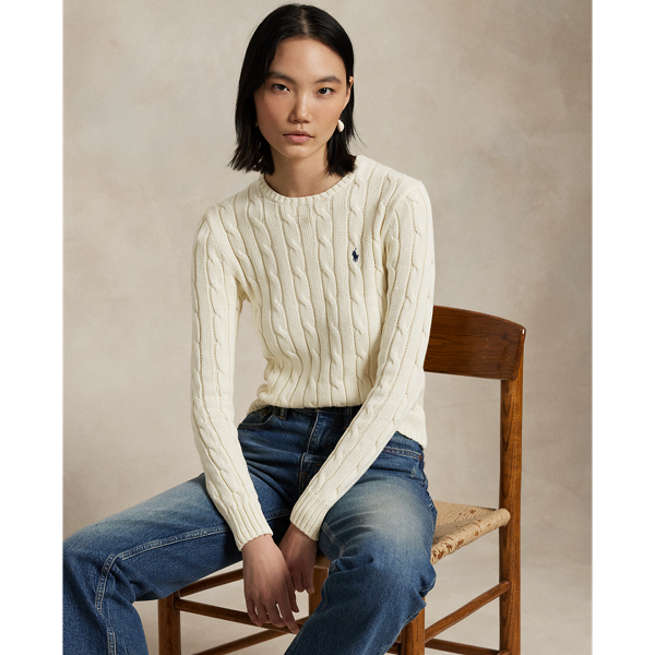 Ralph Lauren Cable-knit Cotton Crewneck Sweater In Cream