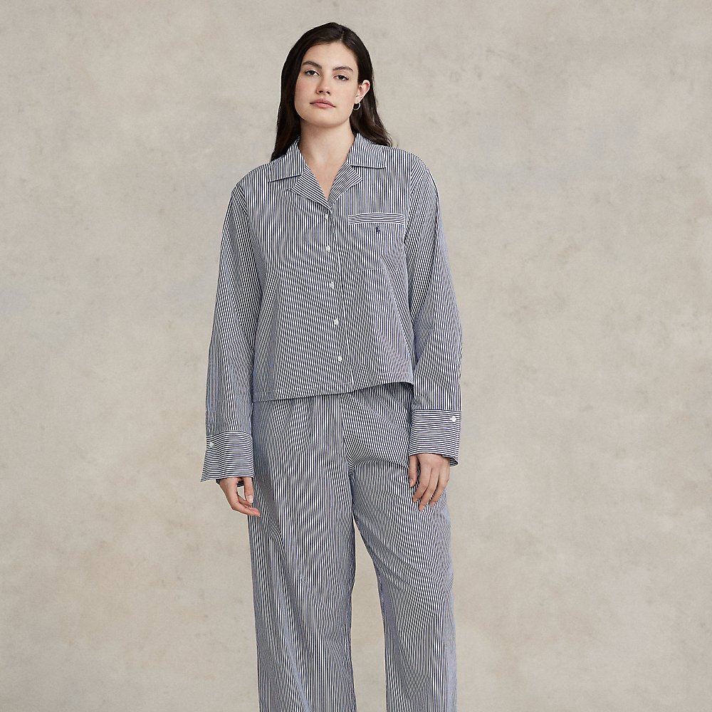 Ralph Lauren Long-sleeve Poplin Pajama Set In Navy Stripe