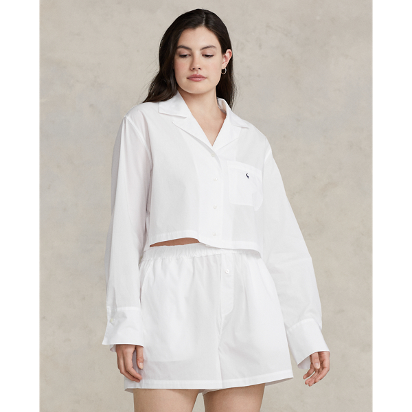 Ralph Lauren Crop Top & Boxer Poplin Pajama Set In White Cloud