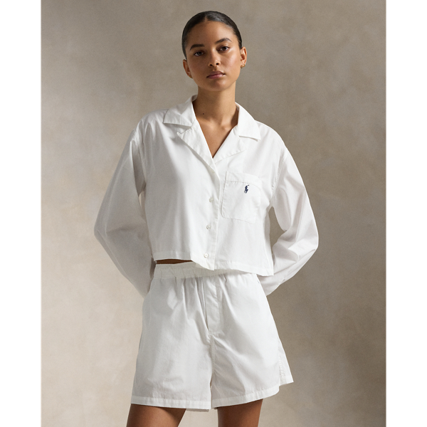 Ralph Lauren Crop Top & Boxer Poplin Pajama Set In White Cloud