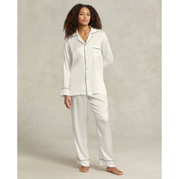 Ralph Lauren Long-sleeve Stretch Silk Pajama Set In Ecru