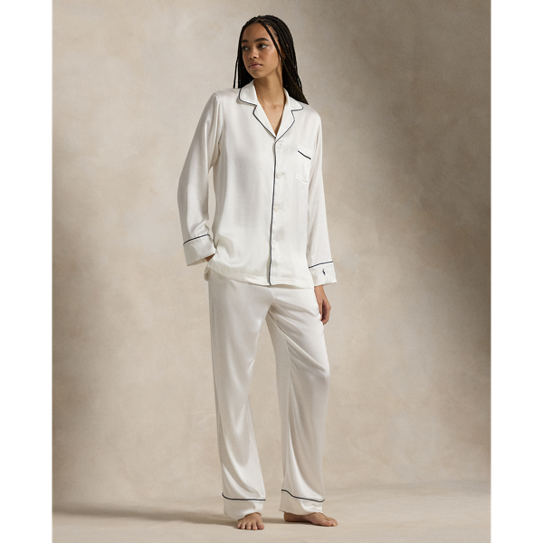 Ralph Lauren Long-sleeve Stretch Silk Pajama Set In Ecru