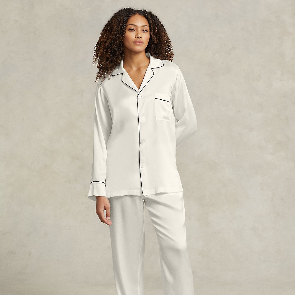 Ralph Lauren Long-sleeve Stretch Silk Pajama Set In Ecru