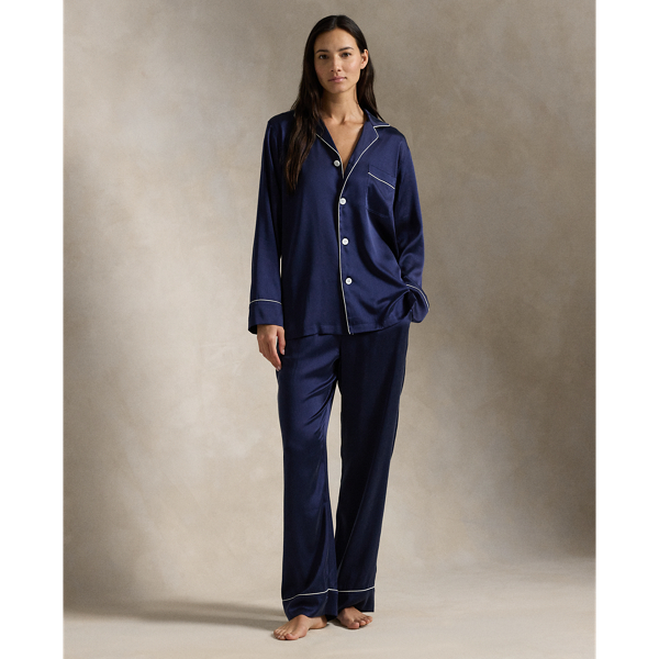 Ralph Lauren Long-sleeve Stretch Silk Pajama Set In Navy