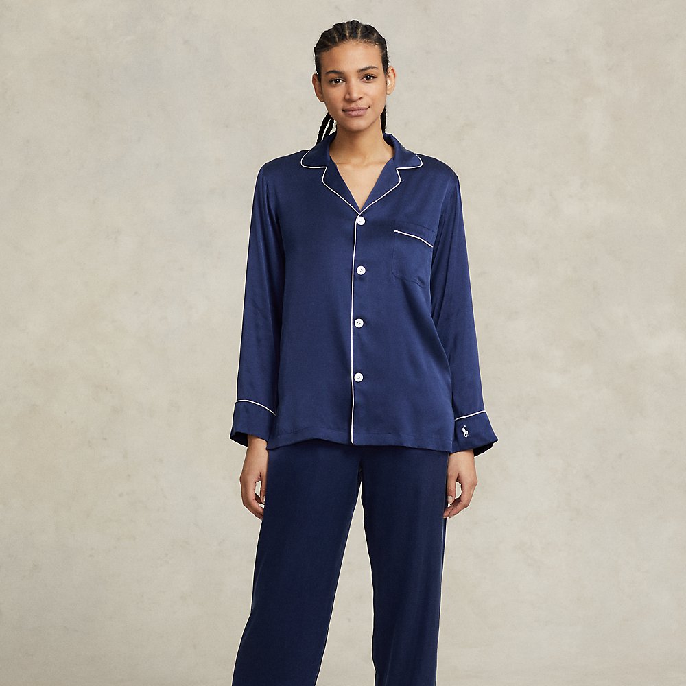 Ralph Lauren Long-sleeve Stretch Silk Pajama Set In Navy