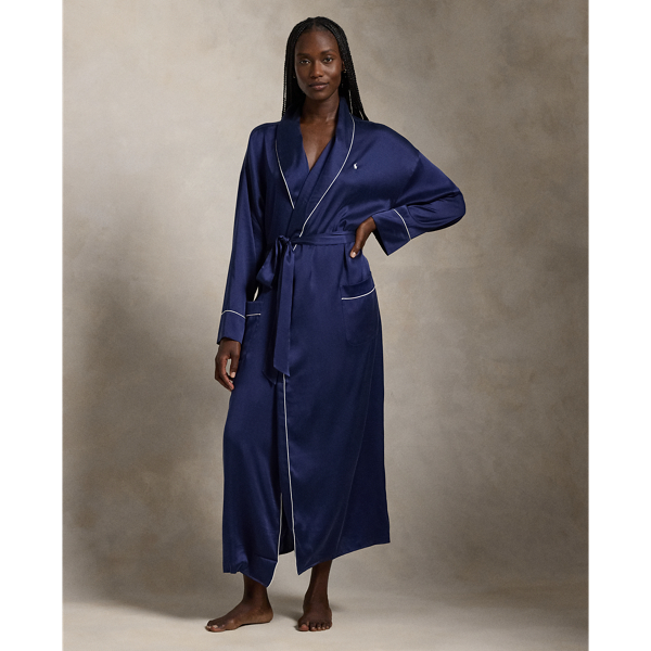 Ralph Lauren Stretch Silk Bath Robe In Navy