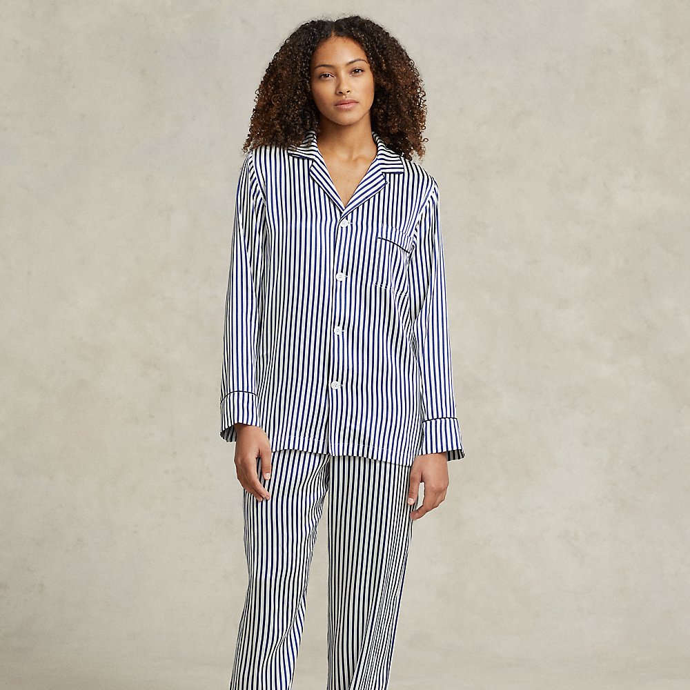 Ralph Lauren Striped Stretch Silk Long-sleeve Pj Set In Blue Stripes