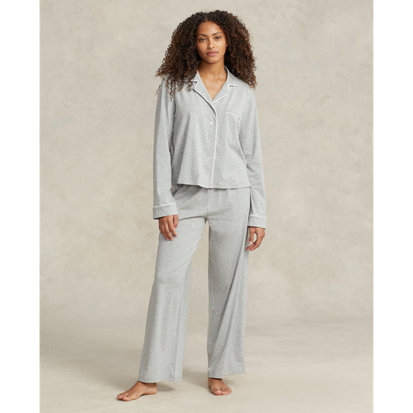 Ralph Lauren Jersey Long-sleeve Pajama Set In Heather Grey