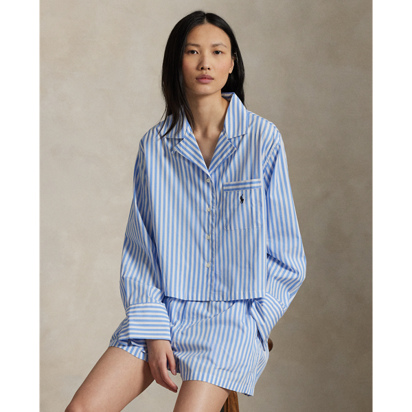 Ralph Lauren Crop Top & Boxer Poplin Pajama Set In Wide Stripes