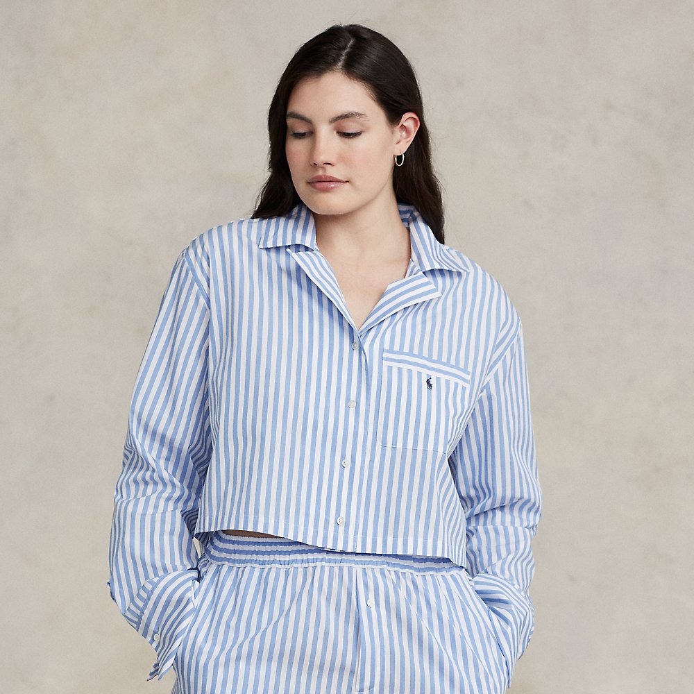 Ralph Lauren Crop Top & Boxer Poplin Pajama Set In Wide Stripes