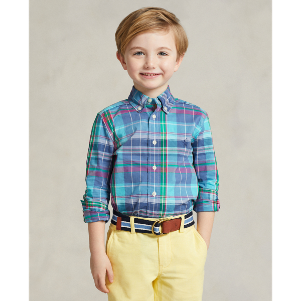 Polo Ralph Lauren Kids' Plaid Cotton Poplin Shirt In Turquoise/dark Pink