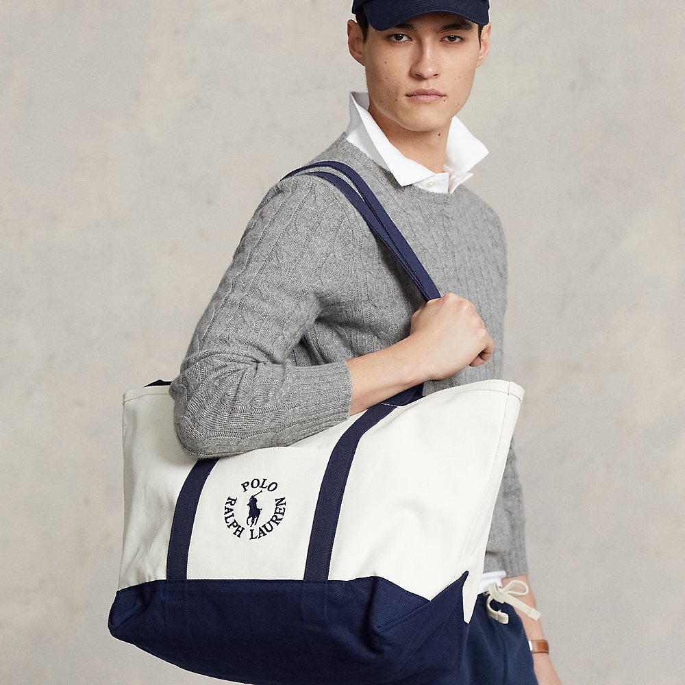 Ralph Lauren Logo-embroidered Canvas Tote In Navy/ White