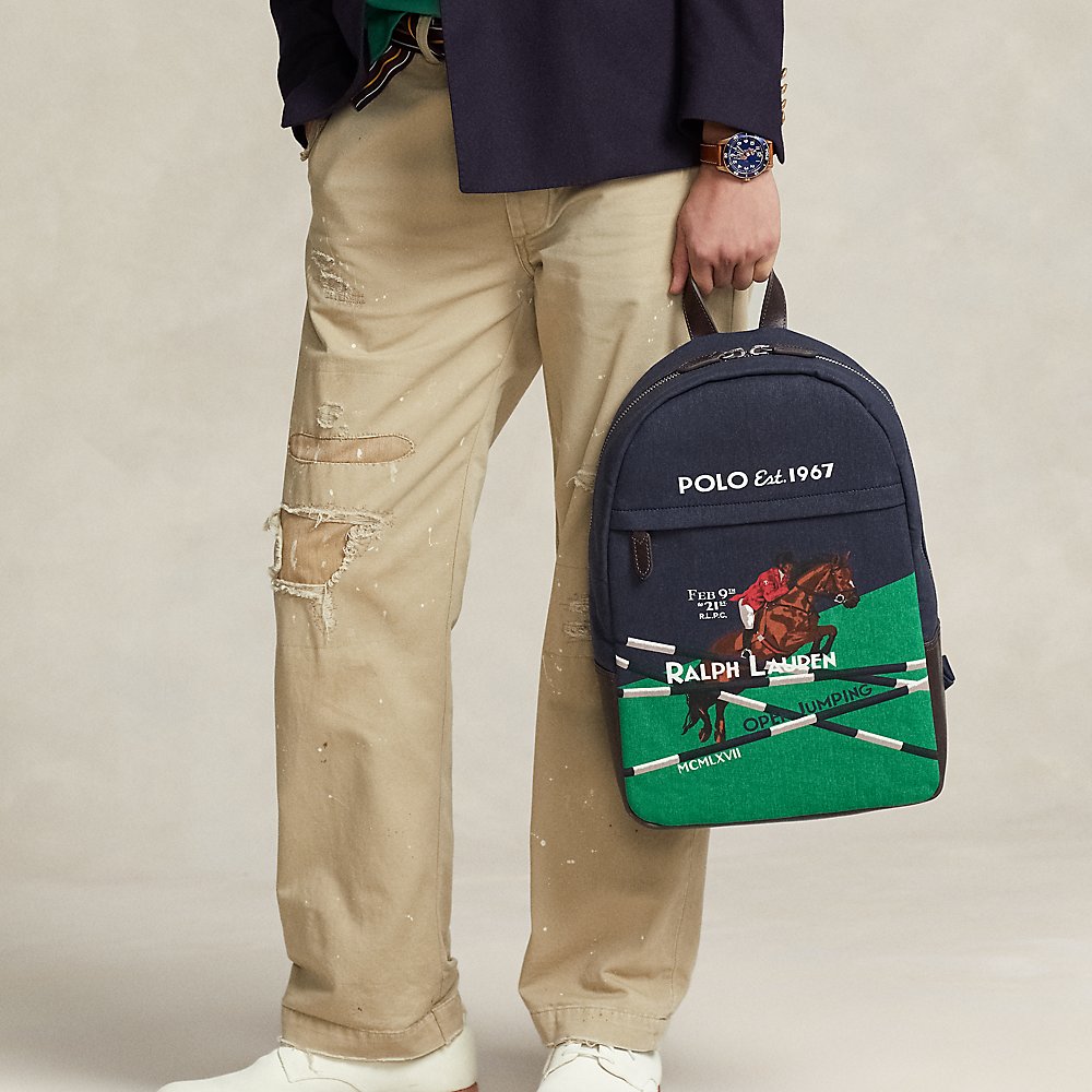 Ralph Lauren Equestrian-print Canvas Backpack In Newport Navy