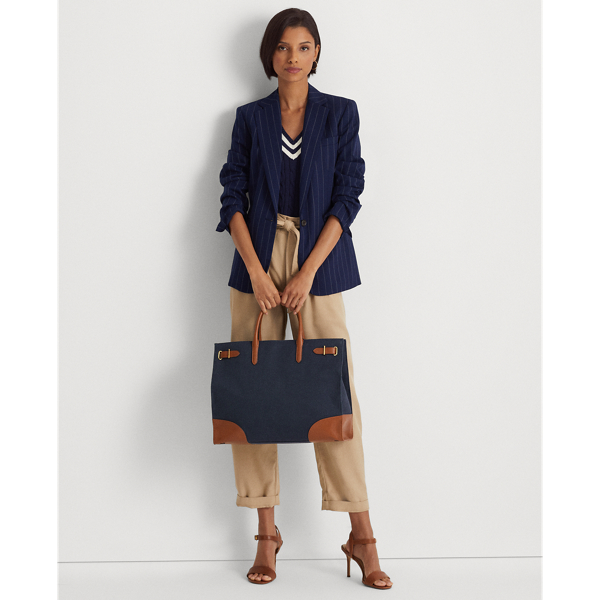 Ralph Lauren Print Canvas Large Devyn Tote Bag In Refined Navy/lauren Tan