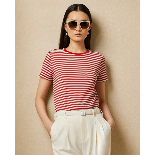 Ralph Lauren Striped Crewneck Pocket Tee In Rouge/off White